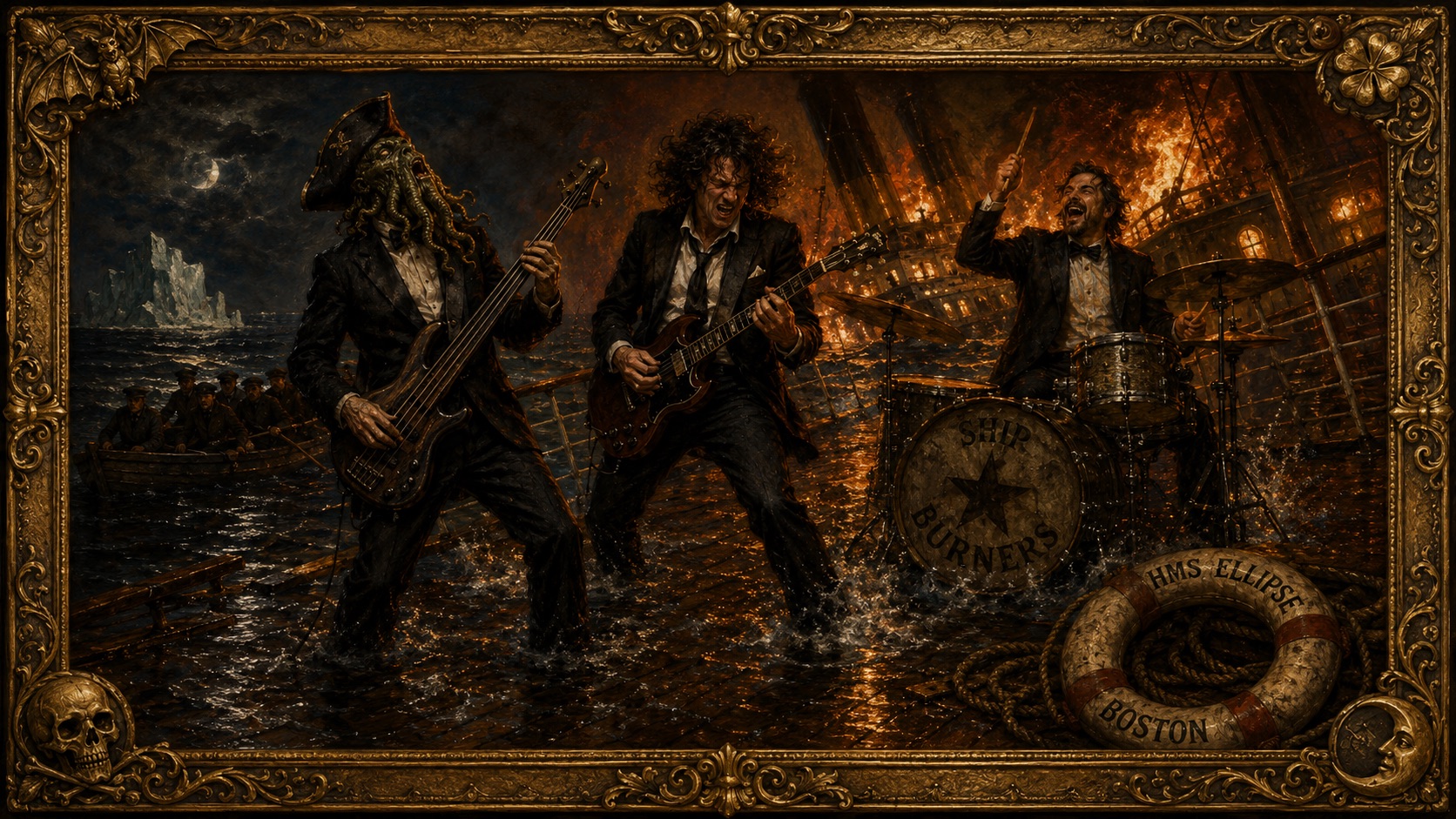 Oil painting of The Ship Burners: a kraken-masked bassist, a guitarist, and a drummer playing on the flooded deck of a burning, sinking ship